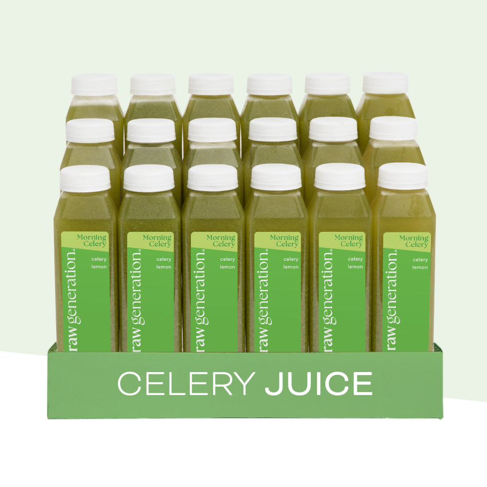 Celery Juice 18-Pack featuring clear bottles of cold-pressed celery-lemon juice on a labeled tray, promoting gut health support, hydration, and daily detox.