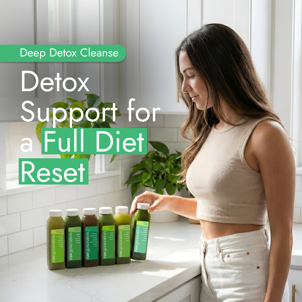 Woman with six Deep Detox Cleanse cold-pressed green juices on the counter, promoting detoxification and cleansing through chlorophyll-rich, nutrient-dense holistic support.