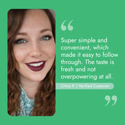 Customer Chloe P. beside a testimonial praising Deep Detox Cleanse for its fresh taste and ease of use. Described as delicious, supporting detoxification, cleansing, and increased energy.