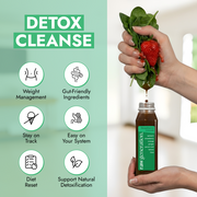 Deep Detox Cleanse Strawberry Greens bottle with spinach and strawberry, highlighting benefits like deep cleansing, detox support, and natural nutrition, held alongside fresh spinach and strawberries.