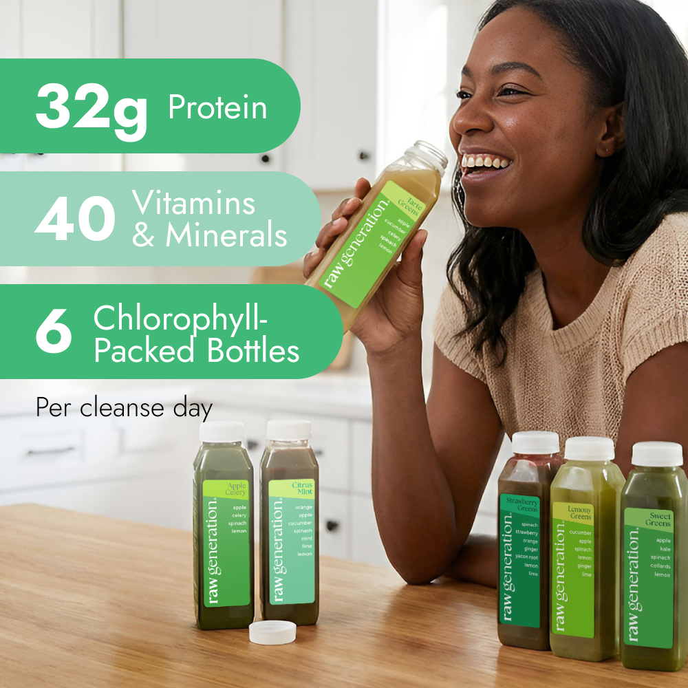 Woman in kitchen sipping Deep Detox Cleanse green juice, with five colorful bottles nearby. Promotes detoxification, 32g plant-based protein, 40 vitamins and minerals, and chlorophyll benefits per cleanse day.