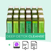 Deep Detox Cleanse product shot featuring 18 cold-pressed green juice bottles rich in chlorophyll, highlighting nutrient-dense flavors with app access, cleanse guide, and approved recipes.
