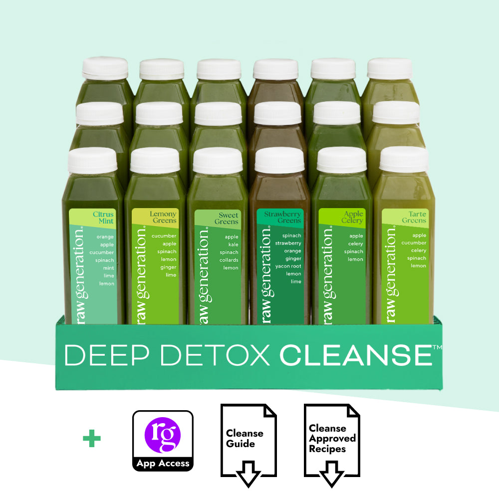 Deep Detox Cleanse product shot featuring 18 cold-pressed green juice bottles rich in chlorophyll, highlighting nutrient-dense flavors with app access, cleanse guide, and approved recipes.