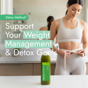 Detox Method™ green juice bottle with apple, celery, spinach, and lemon, with a woman measuring her waist, highlighting weight management and detox program goals.