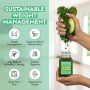 Hands squeezing greens and apple into a jar labeled Raw Generation Craving Crusher, promoting the Detox Method™ for weight management, whole-body detox, and digestive wellness support.