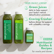 Raw Generation's Detox Method™ featuring Strawberry Greens, Apple Celery juices, and Craving Crusher shot, promoting daily detox and craving management with ongoing nutritionist support.