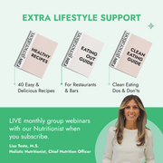 Promotional graphic for Detox Method™ featuring e-books on healthy living, subscription details, and webinars with nutritionist Lisa Testa M.S. for enhanced lifestyle and detox support.