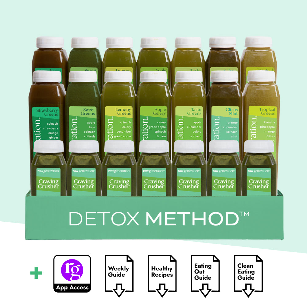 Detox Method™ kit with 20 cold-pressed juices, app access, guides, and Craving Crusher™ shots for a weekly detox program promoting weight management and healthier eating habits.