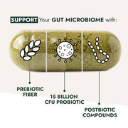 Gut Restore Daily Debloat Formula: Oversized capsule illustration highlighting prebiotic fiber, 15 billion CFU probiotics, and postbiotic compounds designed for gut microbiome and digestive wellness support.