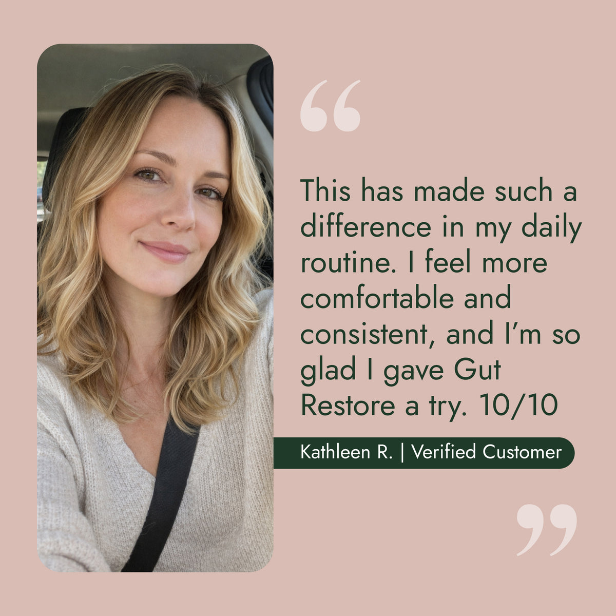 Smiling customer with a testimonial praising Gut Restore Daily Debloat Formula by Raw Generation for gut health support and overall digestive wellness improvements.
