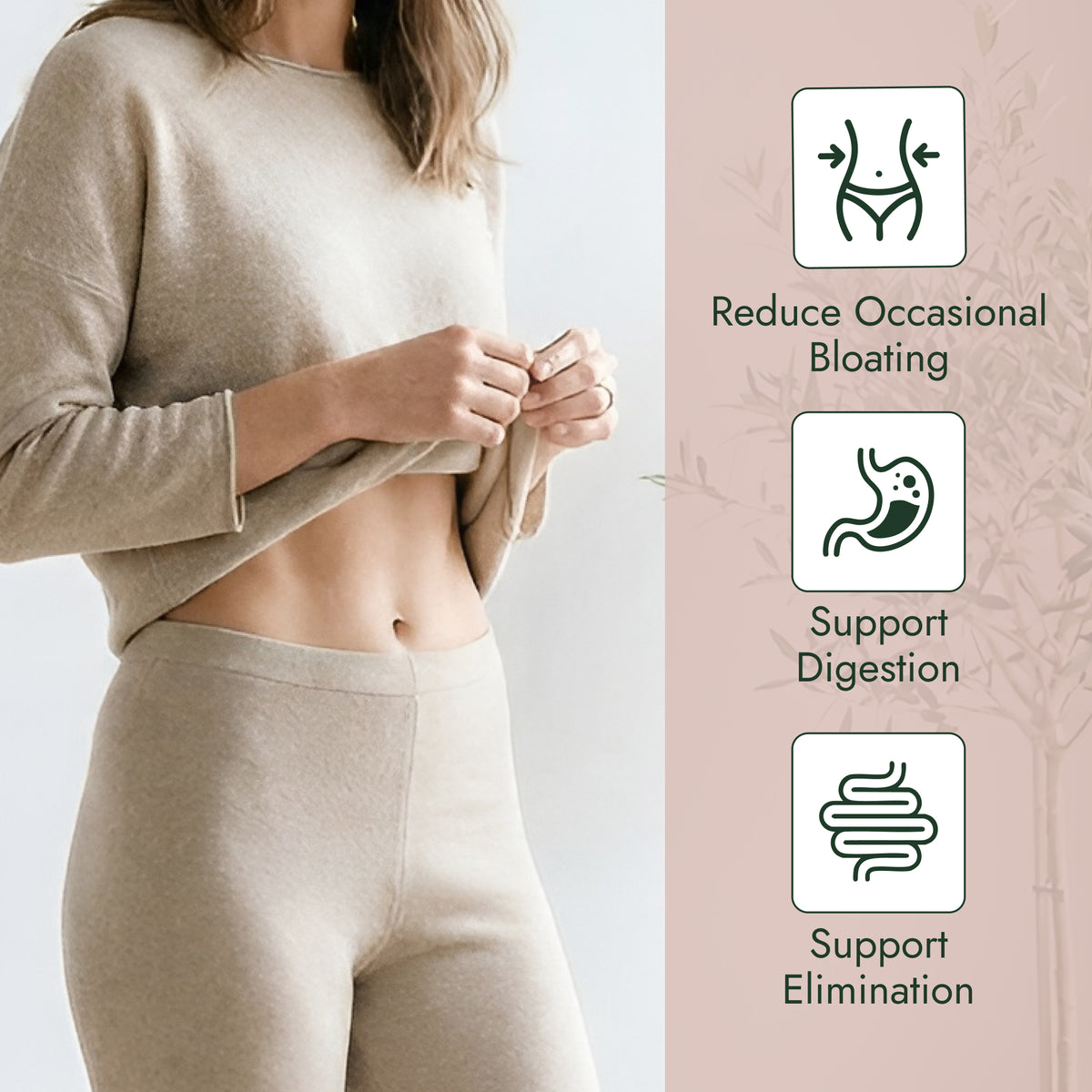 Gut Restore Daily Debloat Formula promotion featuring a woman in loungewear with icons highlighting bloating support, digestive wellness, and daily gut health benefits.