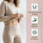 Gut Restore Daily Debloat Formula promotion featuring a woman in loungewear with icons highlighting bloating support, digestive wellness, and daily gut health benefits.