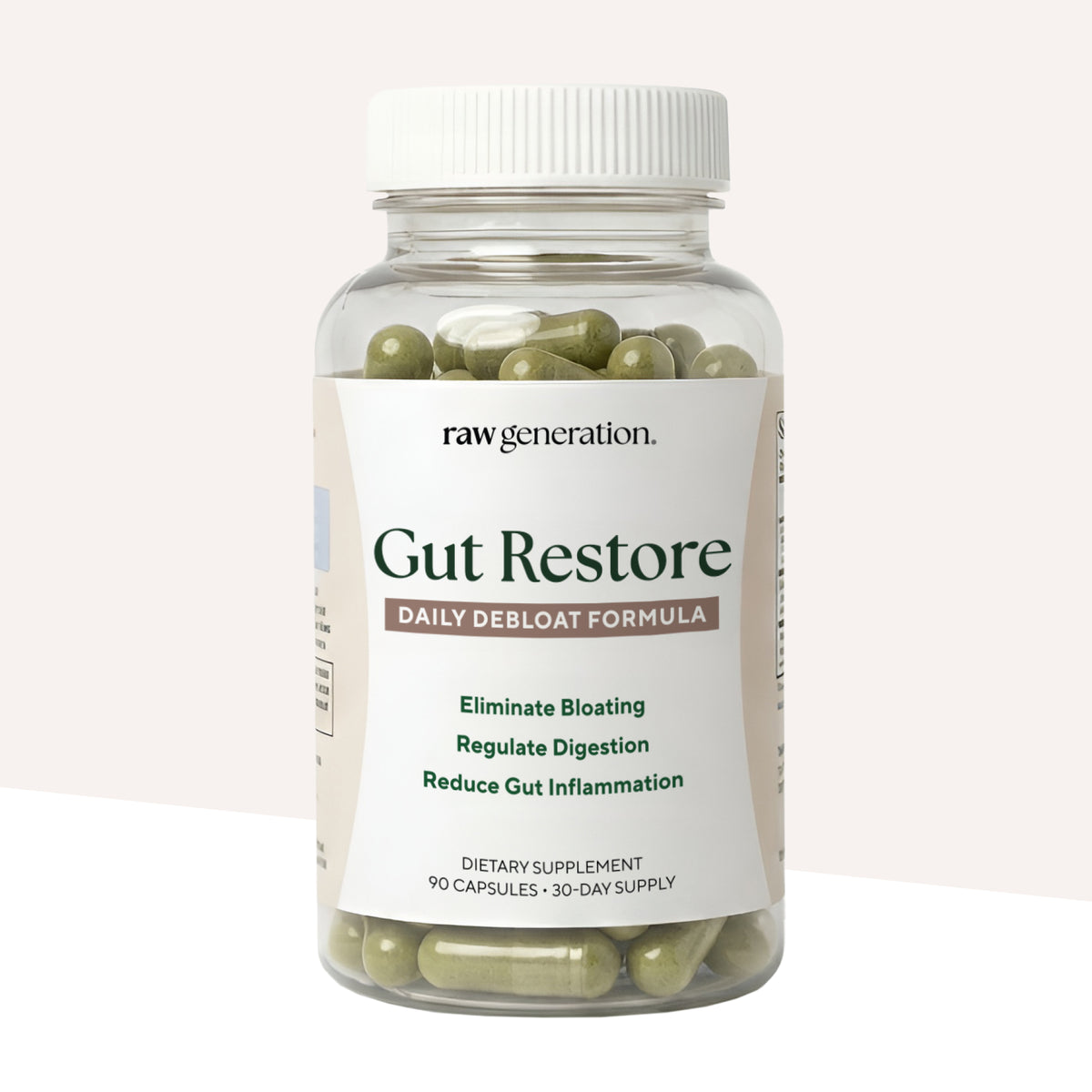 Gut Restore Daily Debloat Formula by Raw Generation: Clear bottle with 90 green capsules featuring prebiotics, probiotics, and postbiotics designed for gut microbiome support and digestive wellness.