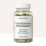 Gut Restore Daily Debloat Formula by Raw Generation: Clear bottle with 90 green capsules featuring prebiotics, probiotics, and postbiotics designed for gut microbiome support and digestive wellness.