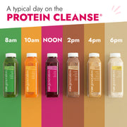 Lineup of Raw Generation Protein Cleanse bottles labeled with times from 8 am to 6 pm, featuring juices and smoothies with fruits, nuts, and seeds for a structured daily cleanse.