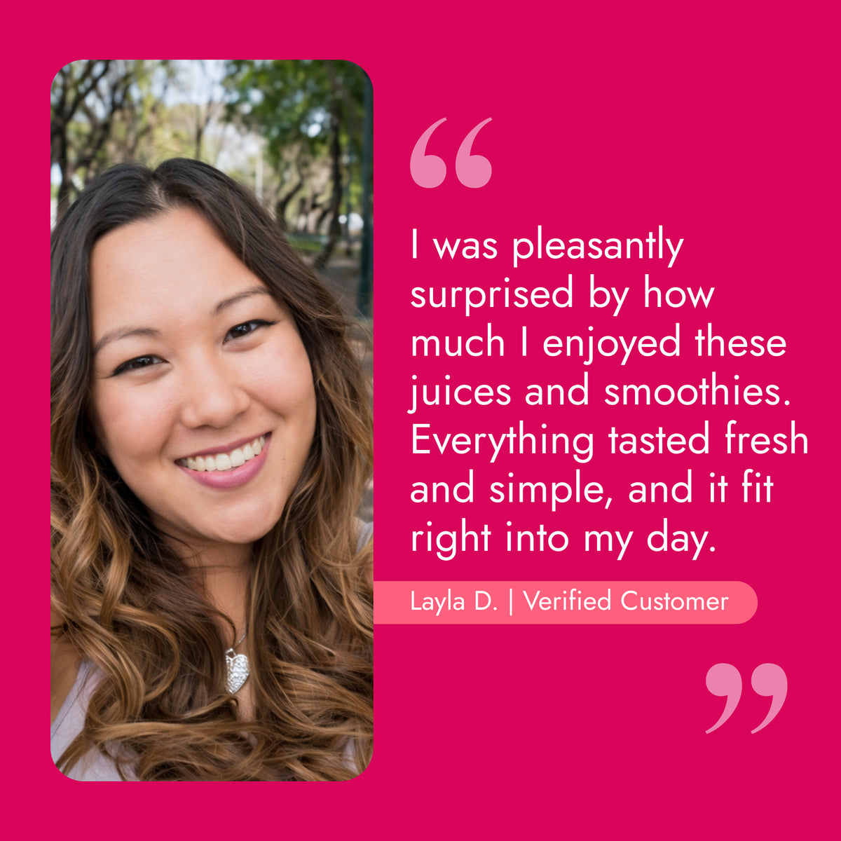 Smiling customer endorsing the Protein Cleanse by Raw Generation, highlighting protein-rich juices and smoothies that support weight management and fit into a daily routine.