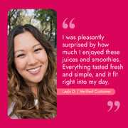 Smiling customer endorsing the Protein Cleanse by Raw Generation, highlighting protein-rich juices and smoothies that support weight management and fit into a daily routine.