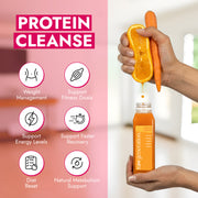 Protein Cleanse Citrus Carrot flavor promotion showcasing fitness-forward ingredients and hands squeezing orange into a bottle, highlighting its protein-rich, workout-supportive cleanse formula.