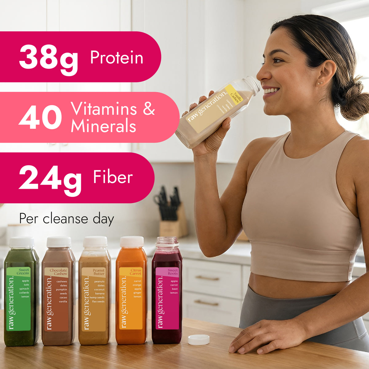 Protein Cleanse kit featuring five juice bottles with flavor labels, nutritional stats, and a woman enjoying Vanilla Cashew in a modern kitchen, supporting weight management and plant-based nutrition.