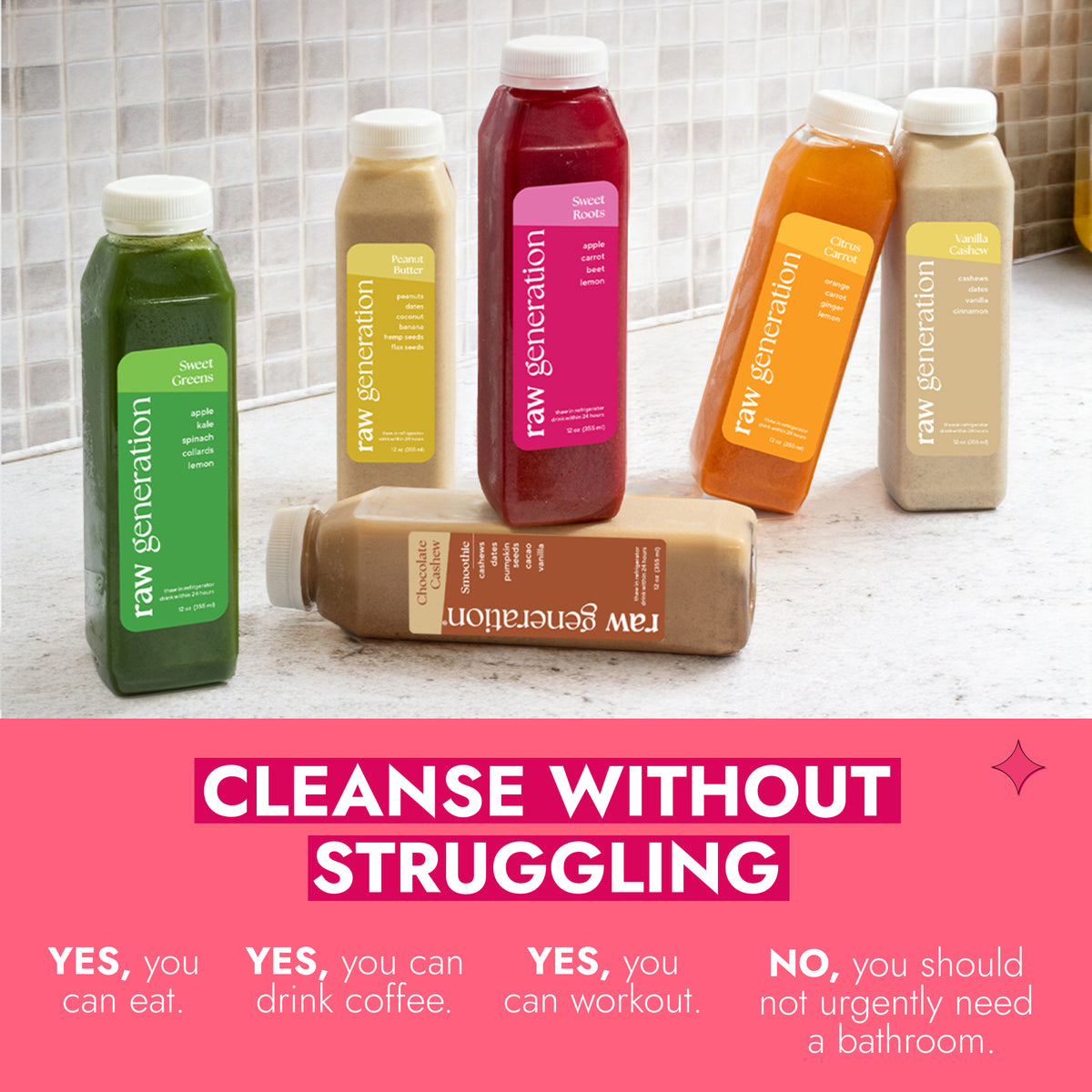 Protein Cleanse kit by Raw Generation with six flavored juices, promoting protein-rich plant-based nutrition for workouts and weight management. Tagline: Cleanse Without Struggling.