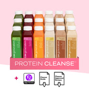 Protein Cleanse kit by Raw Generation with 16 drinks including Sweet Greens, Sweet Roots, Citrus Carrot, Vanilla Cashew, Chocolate Cashew, and Peanut Butter, plus app access, cleanse guide, and approved recipes.