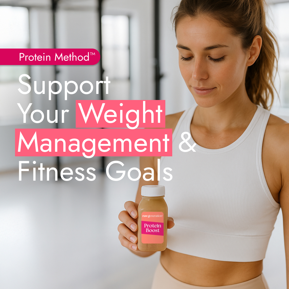 Fit young woman holding a Protein Boost bottle in a gym setting, promoting the Protein Method™ for weight management and fitness goals.