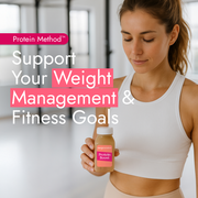 Fit young woman holding a Protein Boost bottle in a gym setting, promoting the Protein Method™ for weight management and fitness goals.