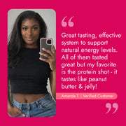 Young woman in a mirror selfie praising Protein Method™ for its peanut butter-and-jelly-flavored protein shot as part of a comprehensive weight management and fitness program.