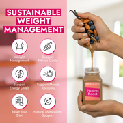 Two-panel graphic showcasing Protein Boost for weight management, featuring benefit icons and a jar with ingredients like blueberries and almonds for plant-based protein support.