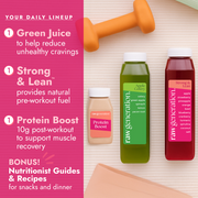 Protein Method™ product lineup featuring a green juice, Strong & Lean pre-workout juice, and Protein Boost recovery shot, displayed with an orange dumbbell and exercise mat.
