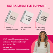 Promotional image for Protein Method™ featuring recipe guides, nutritionist webinars, and a weekly program with juices and recovery shots for weight management and fitness support.