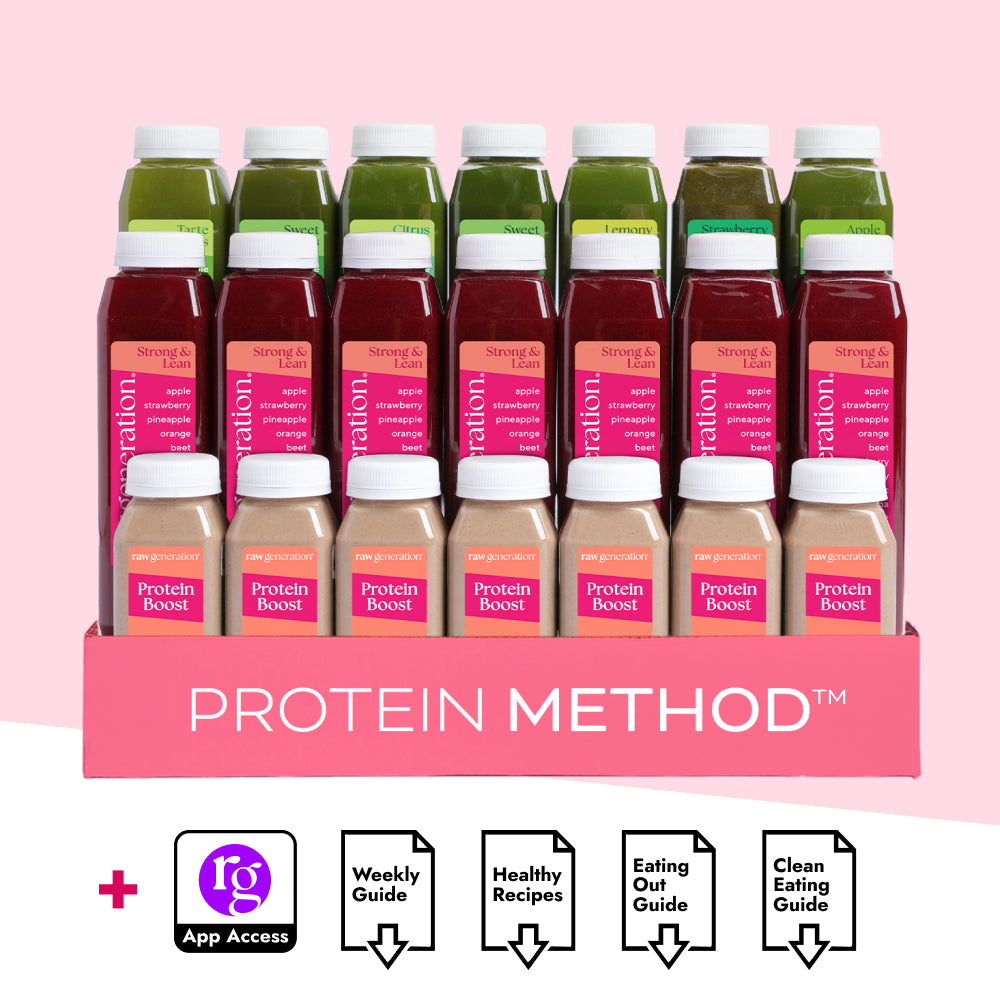 Protein Method™ set in a pink carrier featuring green juices, Strong & Lean juices, and Protein Boost shots, promoting weight management and muscle support with guides and app access.