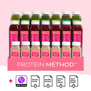 Protein Method™ set in a pink carrier featuring green juices, Strong & Lean juices, and Protein Boost shots, promoting weight management and muscle support with guides and app access.