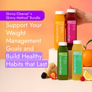 Four juice bottles from Raw Generation's Skinny Bundle, featuring Citrus Carrot, Sweet Roots, and other flavors with fresh fruit garnishes, promoting weight management and clean-label nutrition.