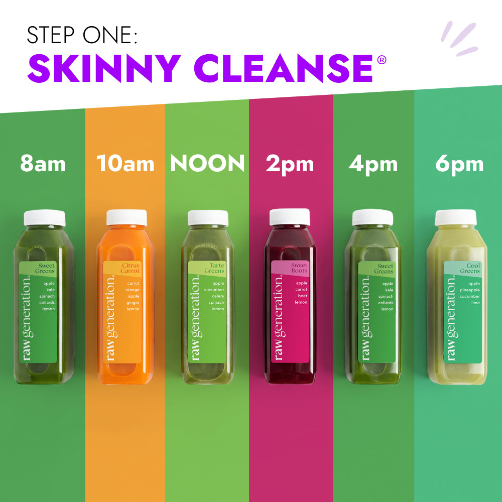 Skinny Bundle: Six cold-pressed juice bottles for a daily cleanse featuring Sweet Greens, Citrus Carrot, Tarte Greens, Sweet Roots, and Cool Greens, promoting weight management and overall wellness.