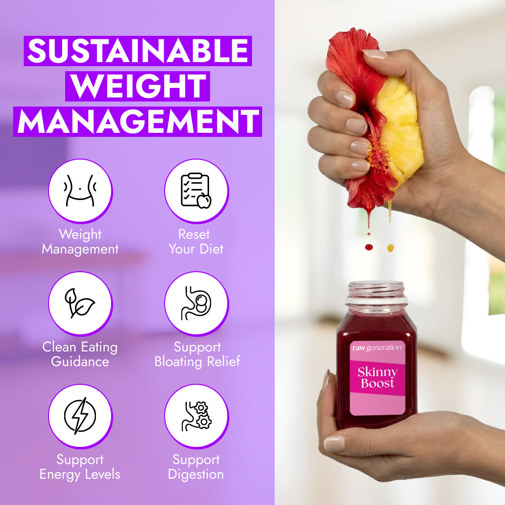 Skinny Bundle promotional image showing hibiscus and pineapple juice pouring into a bottle, highlighting weight management and digestive wellness support as part of a structured program.