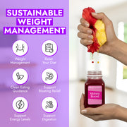 Skinny Bundle promotional image showing hibiscus and pineapple juice pouring into a bottle, highlighting weight management and digestive wellness support as part of a structured program.