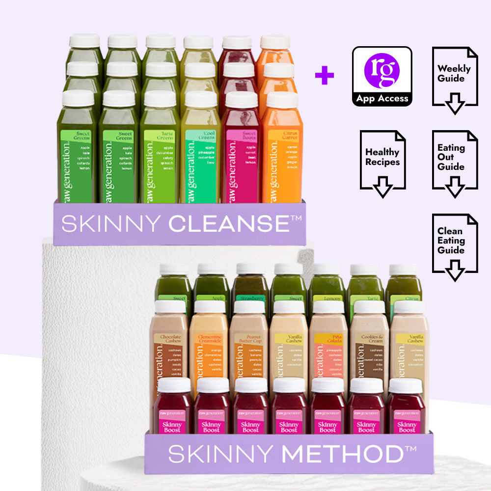 Skinny Bundle by Raw Generation featuring a variety of juice cleanse bottles and smoothie blends, plus app access, downloadable guides, and boost shots for weight management and healthy eating.