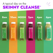 Infographic of Raw Generation’s Skinny Cleanse® juice schedule, featuring six bottles from 8 am to 6 pm, promoting weight management and detoxification.