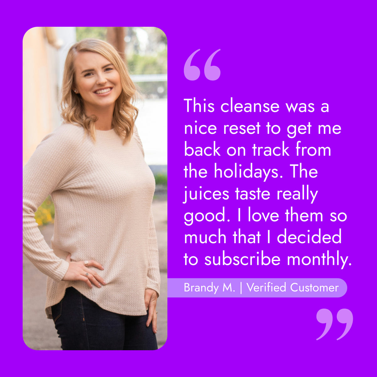 Woman outdoors beside a testimonial praising Skinny Cleanse® for post-holiday reset. Described as delicious, supporting weight management, and holistic detoxification.