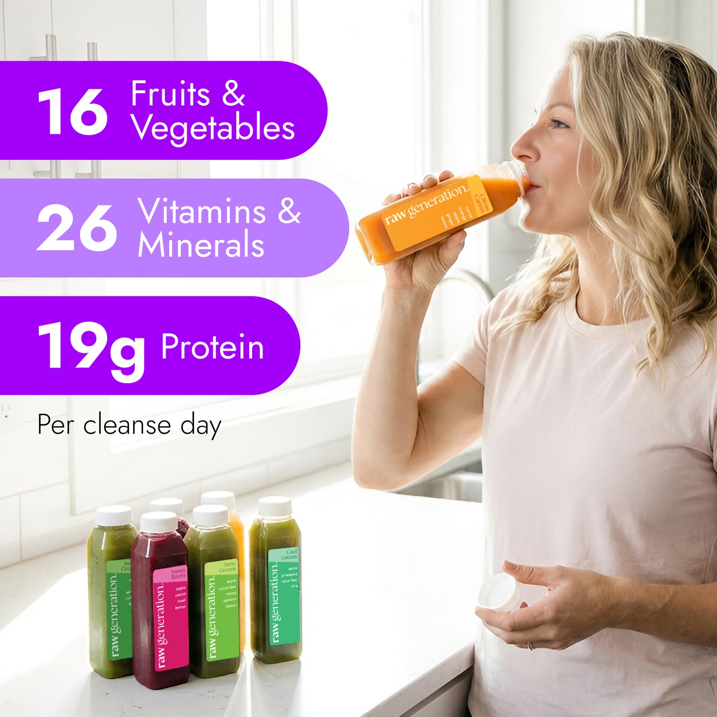Woman sipping Citrus Glow juice from Skinny Cleanse® on sunlit kitchen counter, showcasing nutritional benefits: 16 fruits, 26 vitamins, 19g protein per cleanse day.