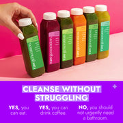 Skinny Cleanse® kit with six raw generation juice bottles on a table