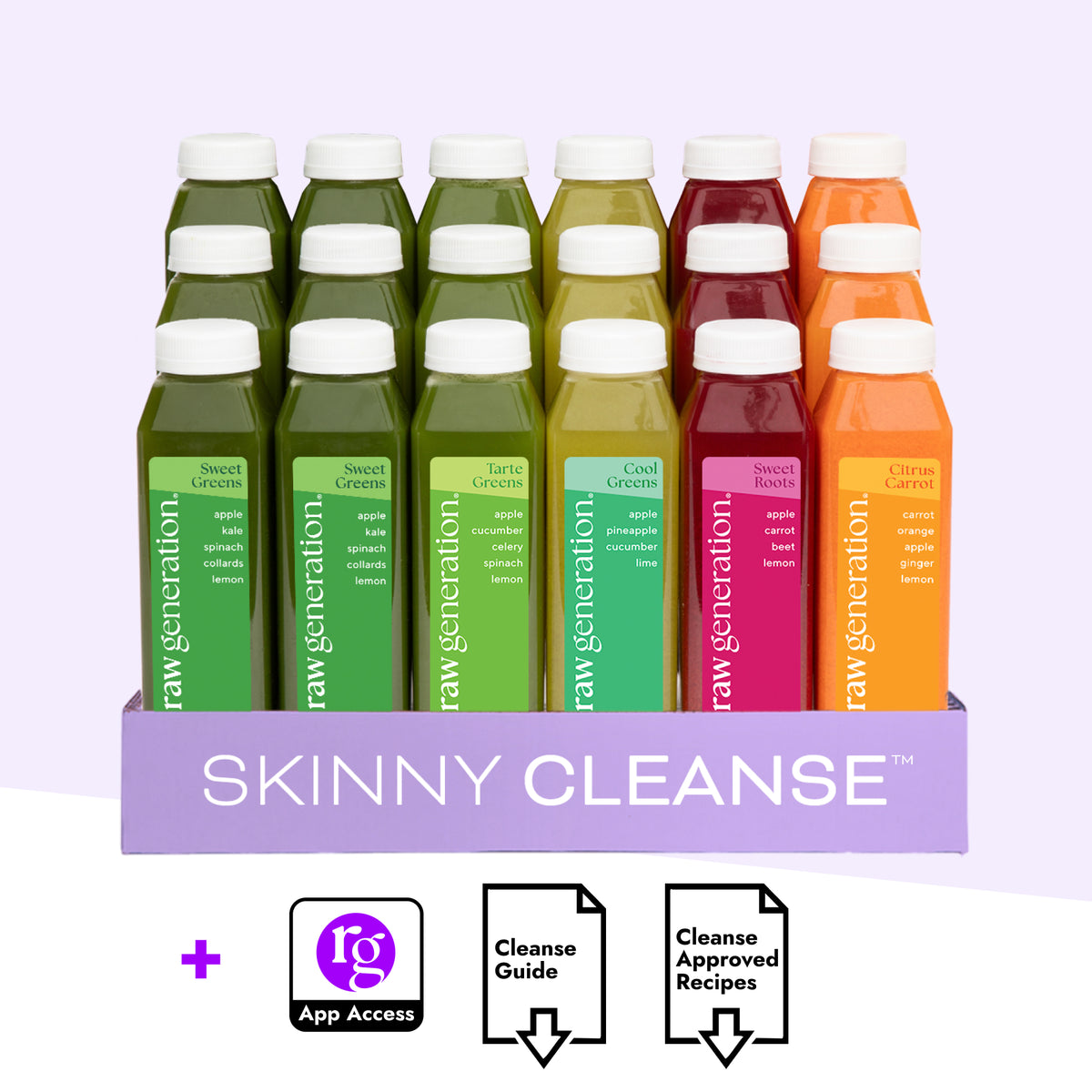 Skinny Cleanse® product shot featuring five cold-pressed juice bottles on a tray, highlighting nutrient-packed flavors with app access, cleanse guide, and approved recipes.