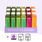 Skinny Cleanse® product shot featuring five cold-pressed juice bottles on a tray, highlighting nutrient-packed flavors with app access, cleanse guide, and approved recipes.