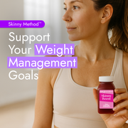 Fit woman holding a Skinny Boost juice bottle, promoting the Skinny Method™ for weight management with nutrient-packed juices, smoothies, and functional shots.