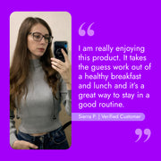Customer testimonial card featuring a woman endorsing Skinny Method™, highlighting the program's ease in maintaining a healthy breakfast and lunch routine for weight management.