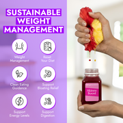 Hands squeezing hibiscus and pineapple over a bottle labeled Raw Generation Skinny Boost, highlighting weight management and energy support benefits of the Skinny Method™.
