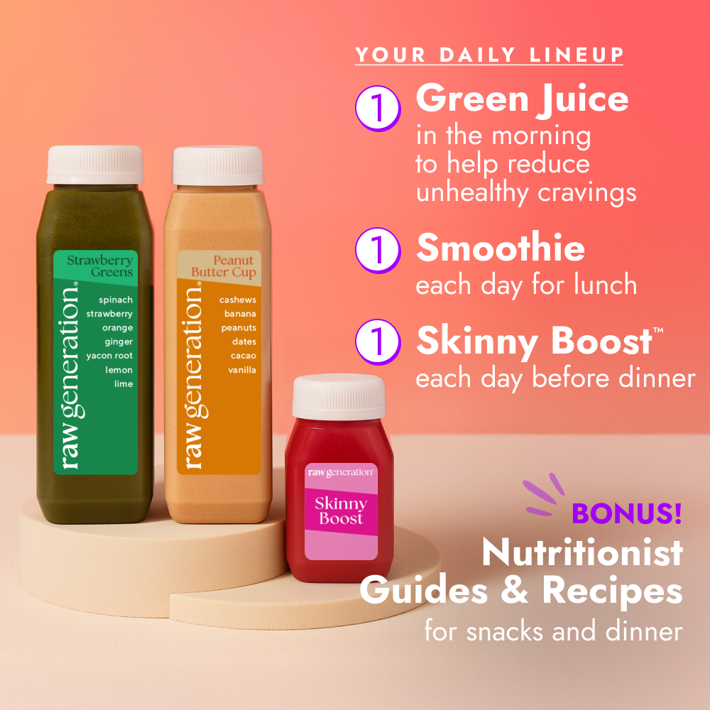 Raw Generation's Skinny Method™ daily lineup: Strawberry Greens juice, Peanut Butter Cup smoothie, and Skinny Boost™ shot, promoting weight management and digestive wellness.