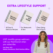 Promotional graphic for Skinny Method™ featuring recipe booklets on clean eating and dining out, plus nutritionist-led webinars with Lisa Testa M.S. for ongoing weight management support.