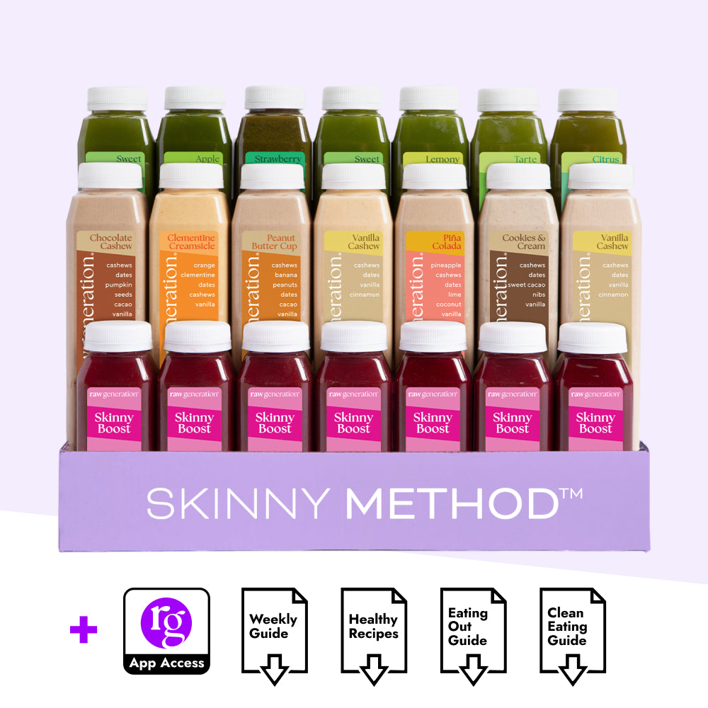 Skinny Method™ juice-and-shot pack featuring green juices, creamy meal-replacement smoothies, and Skinny Boost™ shots, alongside guides for weight management and healthy eating.